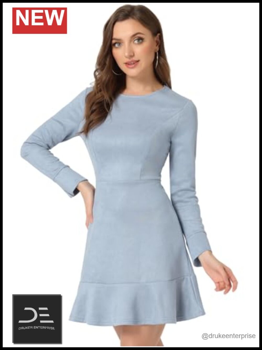 Faux Suede Ruffle Dress Long Sleeve Mini Crew Neck Party Casual